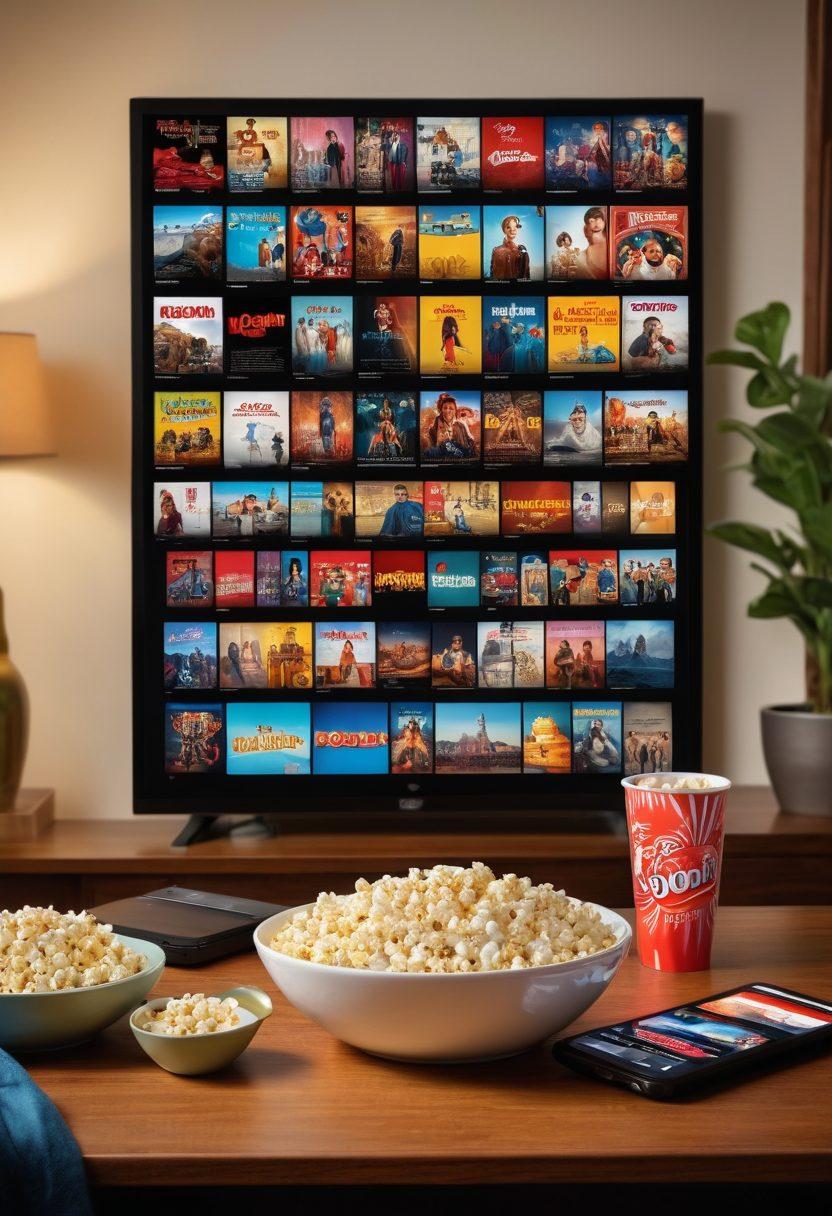 A captivating scene of a cozy living room with a large TV displaying a streaming platform interface, surrounded by popcorn, soda, and a tablet showcasing movie downloads. Soft lighting casts a warm glow, inviting viewers into a world of cinematic adventures. The background features a wall adorned with classic movie posters, hinting at the variety of films available. super-realistic. vibrant colors. cozy atmosphere.