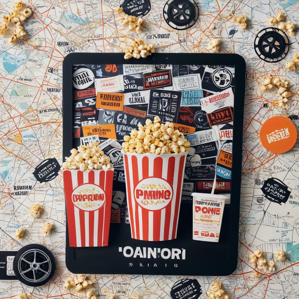 A visually striking collage of film reels, popcorn, and a modern smartphone displaying various movie titles. In the background, an illustrated map with pins marking popular streaming sites offers a guide-like feel. A vibrant color palette draws attention, emphasizing the excitement of free cinema access and insightful critiques. The design should evoke a sense of adventure and discovery for movie enthusiasts. digital art, vibrant colors, detailed illustration.