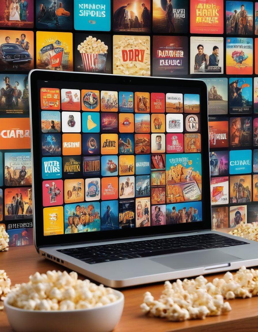 A vibrant collage showcasing various digital platforms for streaming movies, featuring iconic film reels, popcorn, and a laptop displaying movie thumbnails. Include elements representing different genres like action, romance, and sci-fi with colorful graphics. The background could feature symbols of cinema like a clapperboard and film strips. The overall feel should be exciting and inviting for film lovers. bright colors. vector art. dynamic layout.